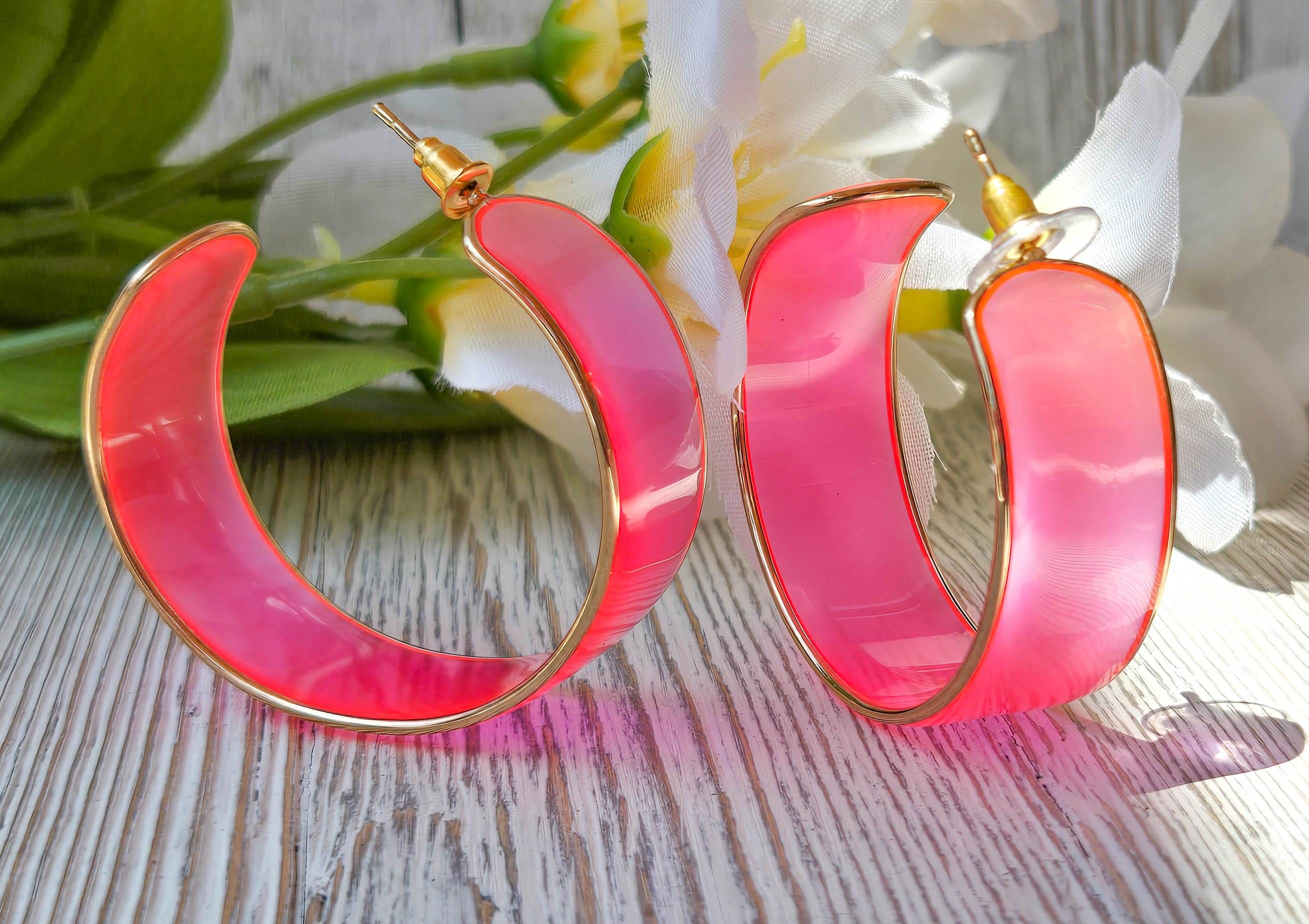 80's Fun Retro Vibes Gold Color Trim Translucent Neon Pink Boho Statement Hoop Earrings