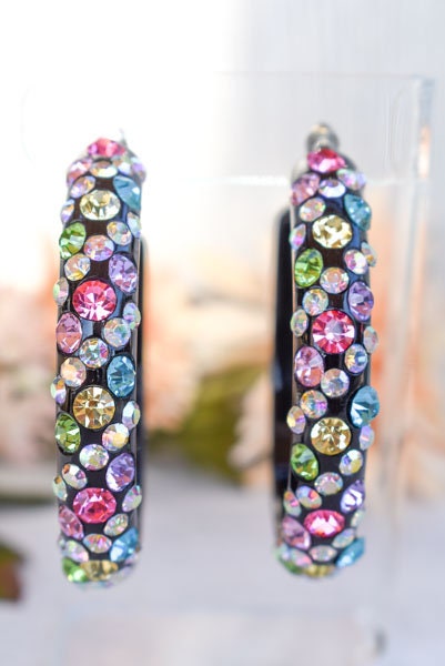 Bling Black Diagonal Pattern Statement Acrylic Lucite Light Tone Multicolor 2.5" Women's Hoop Earrings Pageant Weddings Night Out