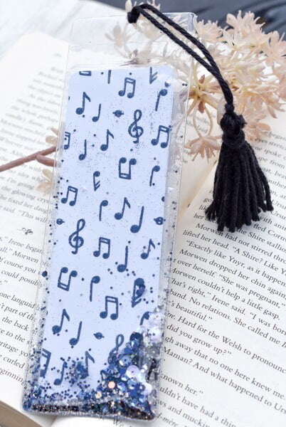 Musical Note Print Theme Glitter & Sequin Shaker Bookmark Book Lovers Stocking Stuffer Gifts Kids Music Lovers