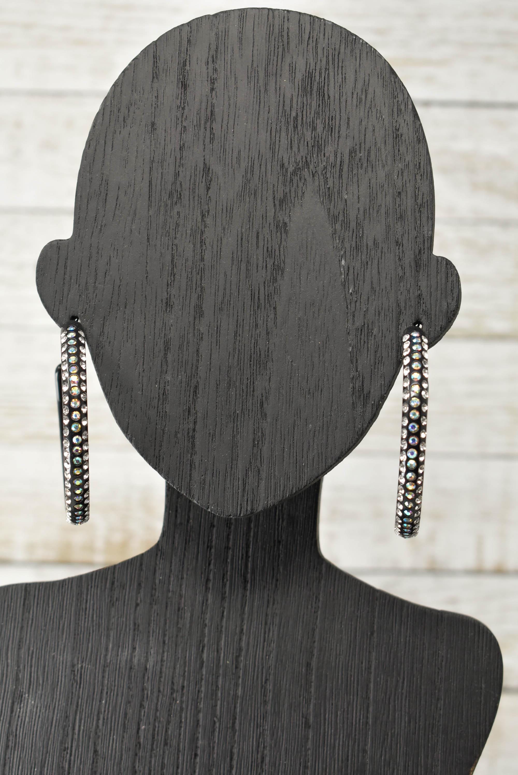 Black 3 Row Bling Statement Acrylic Lucite AB Iridescent Rhinestones 2.25" Women's Hoop Earrings Pageant Weddings Night Out Diva Pageant