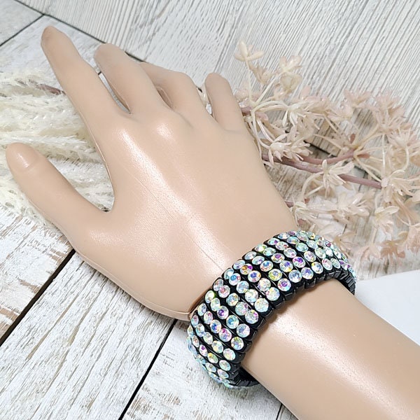 Black Stretch Segmented Bracelet with Iridescent (AB) Rhinestones Women's Fashion Statement Jewelry Pageant Night Out