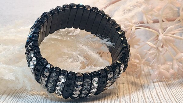 Black Stretch Segmented Bracelet with Smoke Gray, Hematite, Black and Clear Rhinestones Women's Fashion Statement Jewelry Pageant Night Out