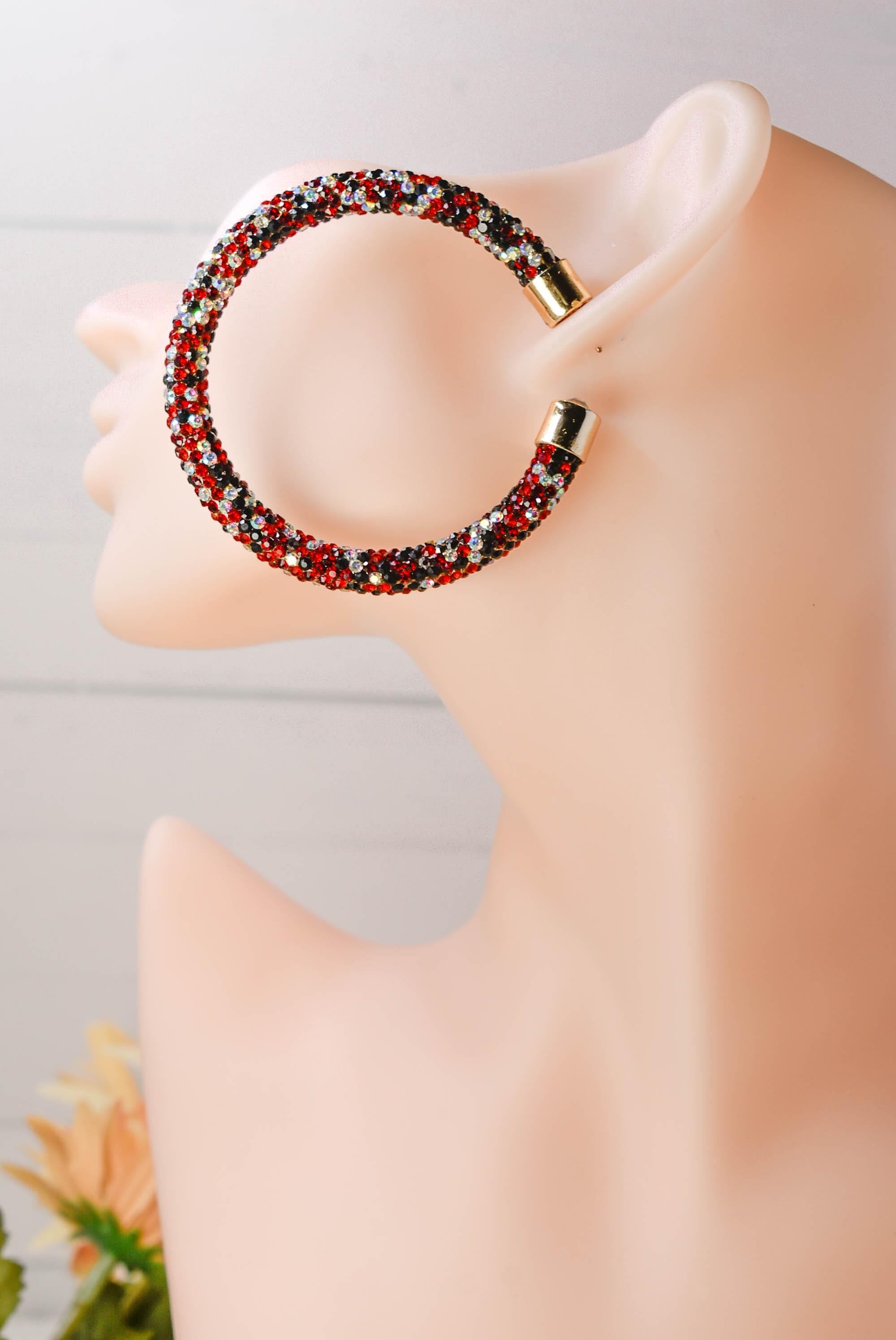 2.5" Ladies Bohemian Multi Tone Red Black Clear Rhinestone Sparkle Wrap Pave Open Hoop Earrings Stone Accent Women Party Night Out Bling