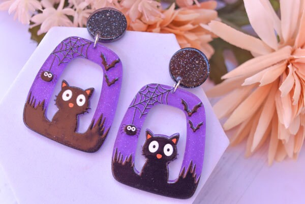 Abstract Shape Halloween Cute Cat Glitter Acrylic Purple Holiday Women Girls Dangle Earrings Emo Goth Steampunk