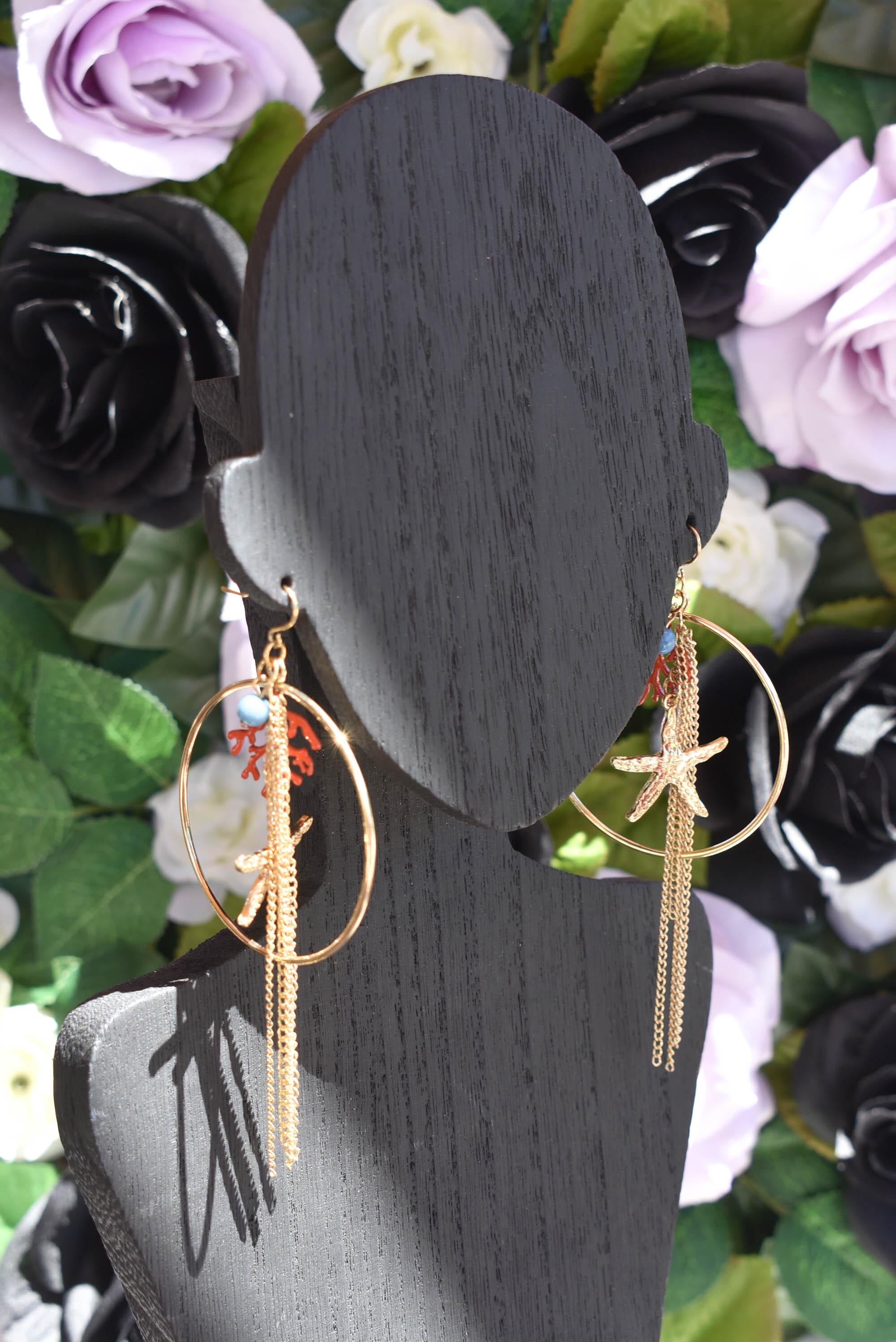 Summer Beach 4" Dangle Drop Sea Life Charm Starfish Coral Chain Dangle Earrings Gold Color Statement Earrings Bohemian