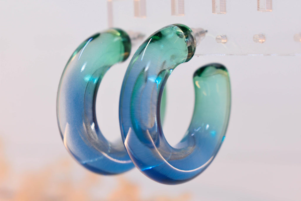Translucent Gradient Teal Blue Retro Boho Semi Chunky Lucite Ombre Jelly 1.5" Hoop Earrings