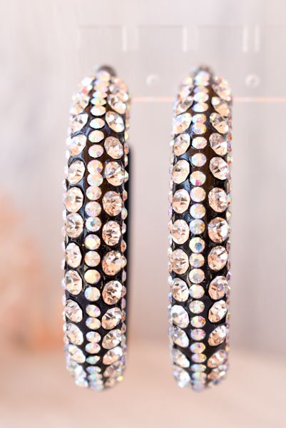 Black 5 Row Bling Statement Acrylic Lucite AB/Clear Rhinestones 2.5" Women's Hoop Earrings Pageant Weddings Night Out Diva Pageant
