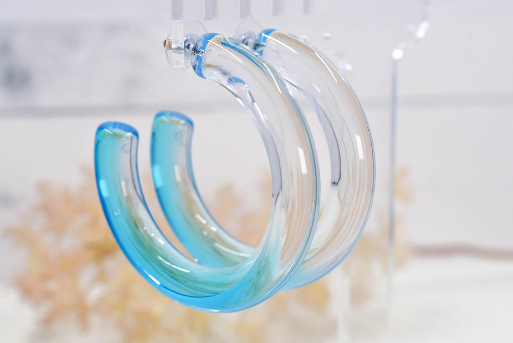 Translucent Gradient Clear & Light Blue Retro Boho Statement Chunky Lucite Ombre Hoop Earrings Fun Earrings Costume Accessories Womens Hoops