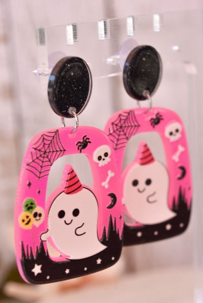 Abstract Shape Halloween Cute Ghost Glitter Acrylic Neon Pink Holiday Women Girls Dangle Earrings Emo Goth Steampunk
