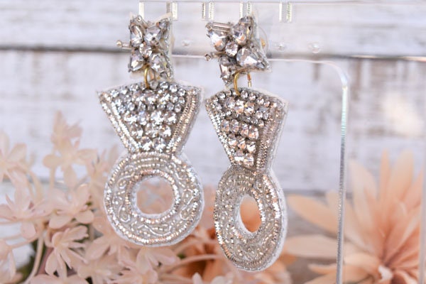 Statement Diva Bachelorette Party Diamond Ring Shape Seed Bead Engagement Wedding Bridal Shower Dangle Earrings