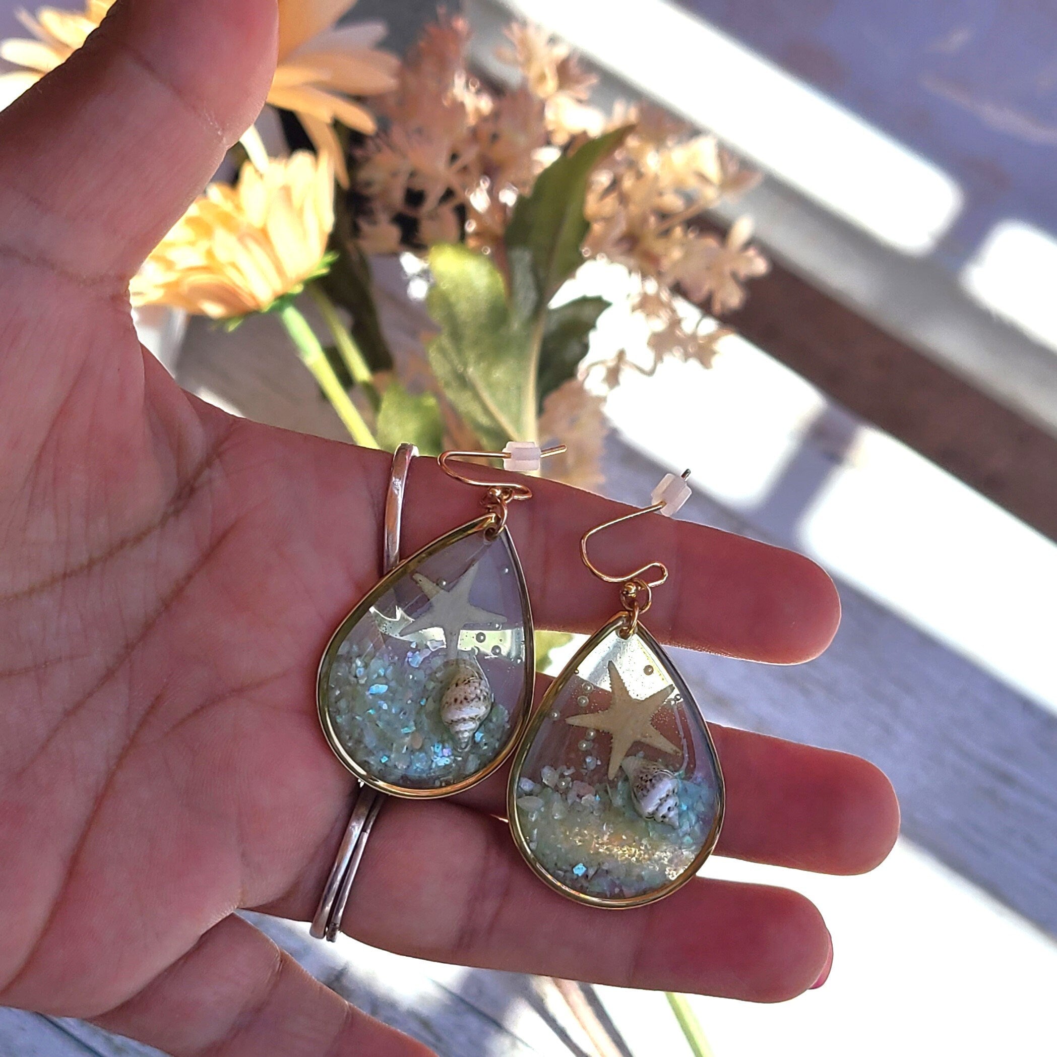 Boho Clear Mint Resin Starfish Seashell Accent Beach Theme Sealife Teardrop Dangle Earrings Women's Vacation Gifts