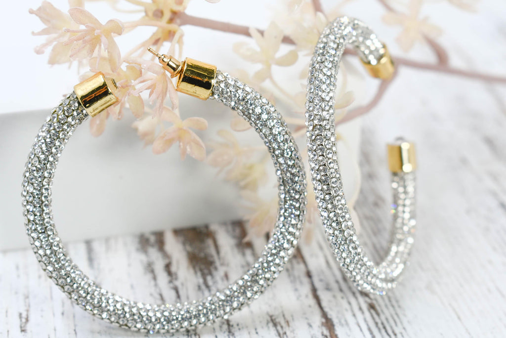 2.5" Ladies Bohemian Clear Rhinestone Sparkle Wrap Pave Open Hoop Earrings Stone Accent Women Party Night Out