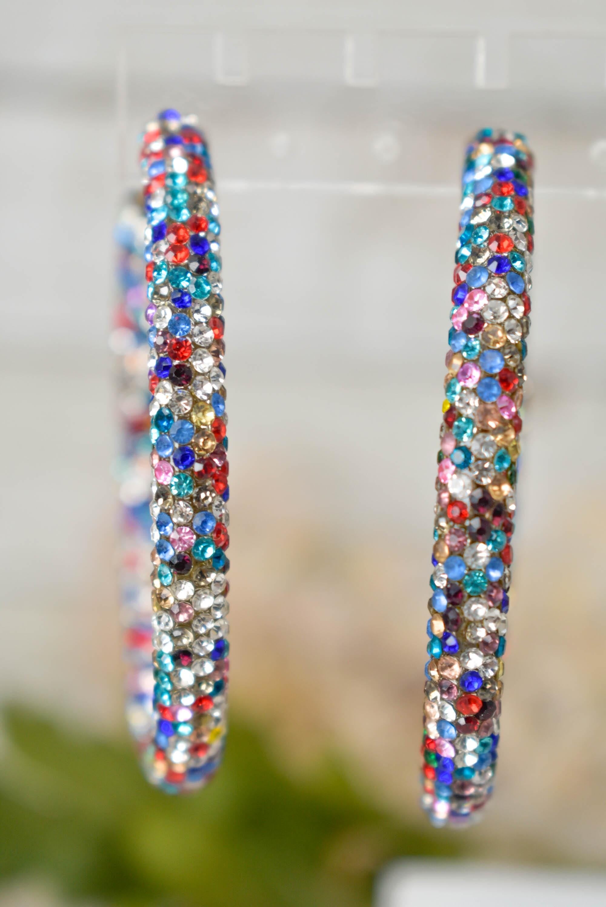 Statement Bohemian 2.5" Multicolor Pave Rhinestone Tube Bling Leverback Hoop Earrings Diva Boujee Fashion Accessories Women's Gifts