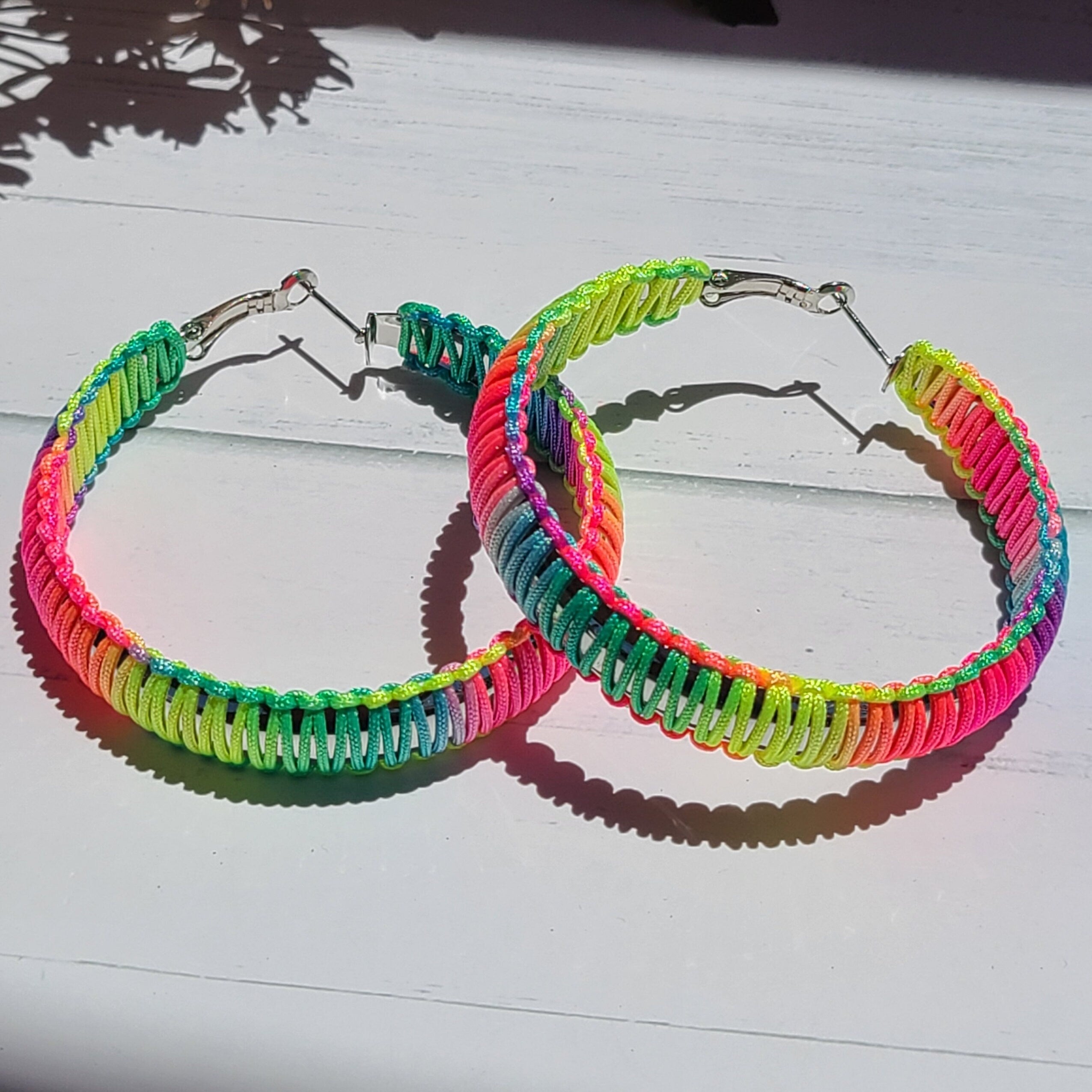 Statement Bold 80's Vibes Boho Retro Neon Multicolor Threaded Lever Back Hoop Earrings Women Gifts Costumes Bachelorette