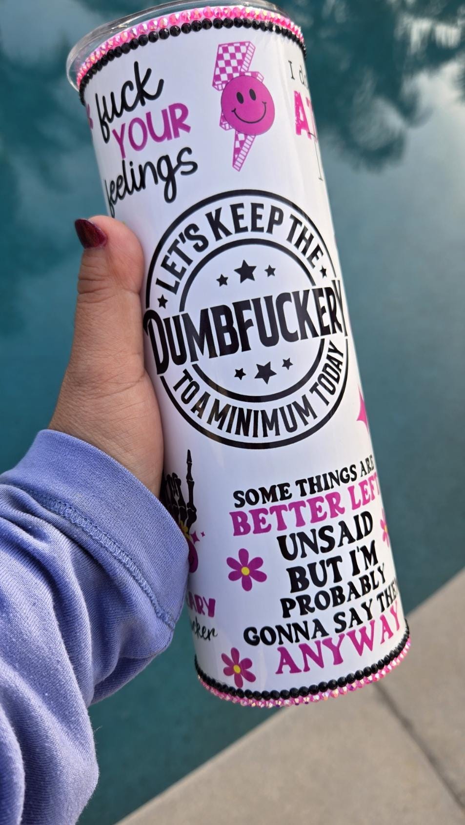 Rhinestone Embellish 20oz Let's Keep the Dumbfuckery to a Minimum Today Travel Tumbler Cup with Lid and Metal Straw Sarcastic Tumbler Gifts