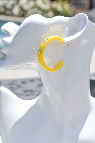Yellow Color Single Row Bling Statement Lucite White Inner & Outer Rhinestones 2" Women's Hoop Earrings Pageant Weddings Night Out