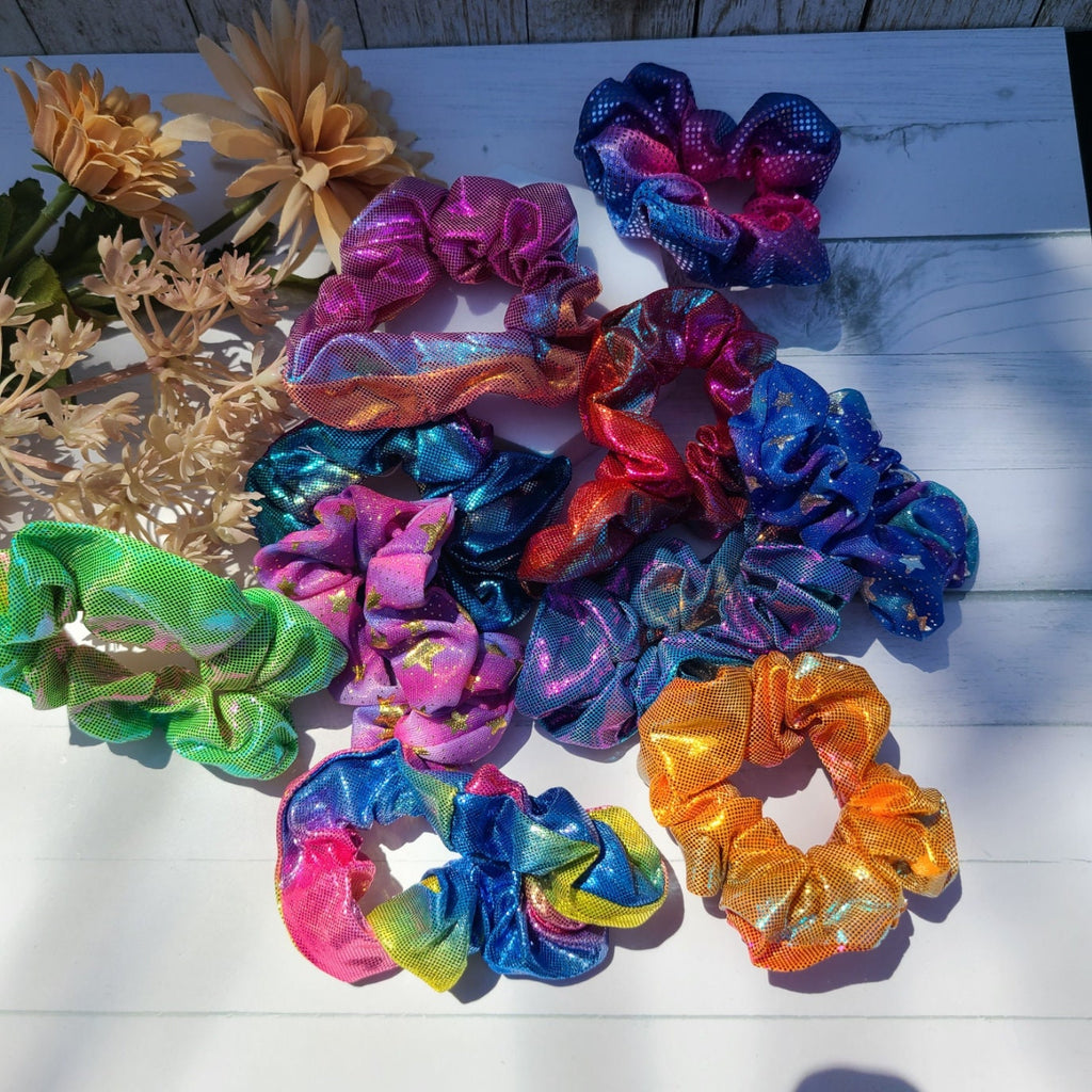 Set of 10 Retro 80's Metallic Hair Pony Tail Scrunchies for Women, Summer Hair Ties, Hair Accessories for Long Hair