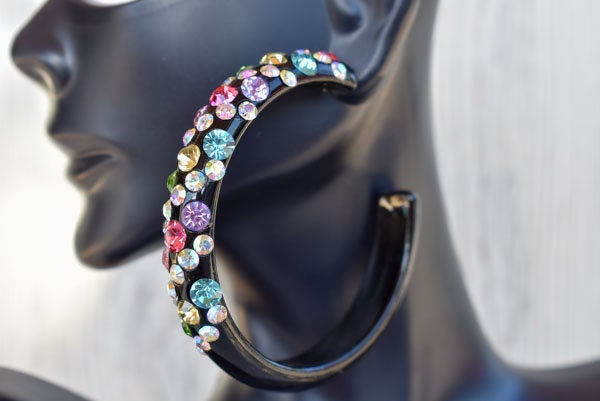 Bling Black Diagonal Pattern Statement Acrylic Lucite Light Tone Multicolor 2.5" Women's Hoop Earrings Pageant Weddings Night Out