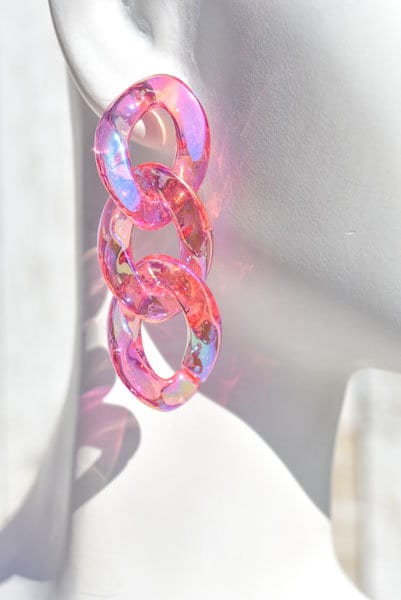 Statement Boho Translucent Pink Iridescent Coating Lucite Chain Link Drop Dangle Earrings Bachelorette Girls Night
