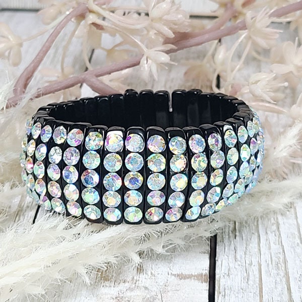 Black Stretch Segmented Bracelet with Iridescent (AB) Rhinestones Women's Fashion Statement Jewelry Pageant Night Out