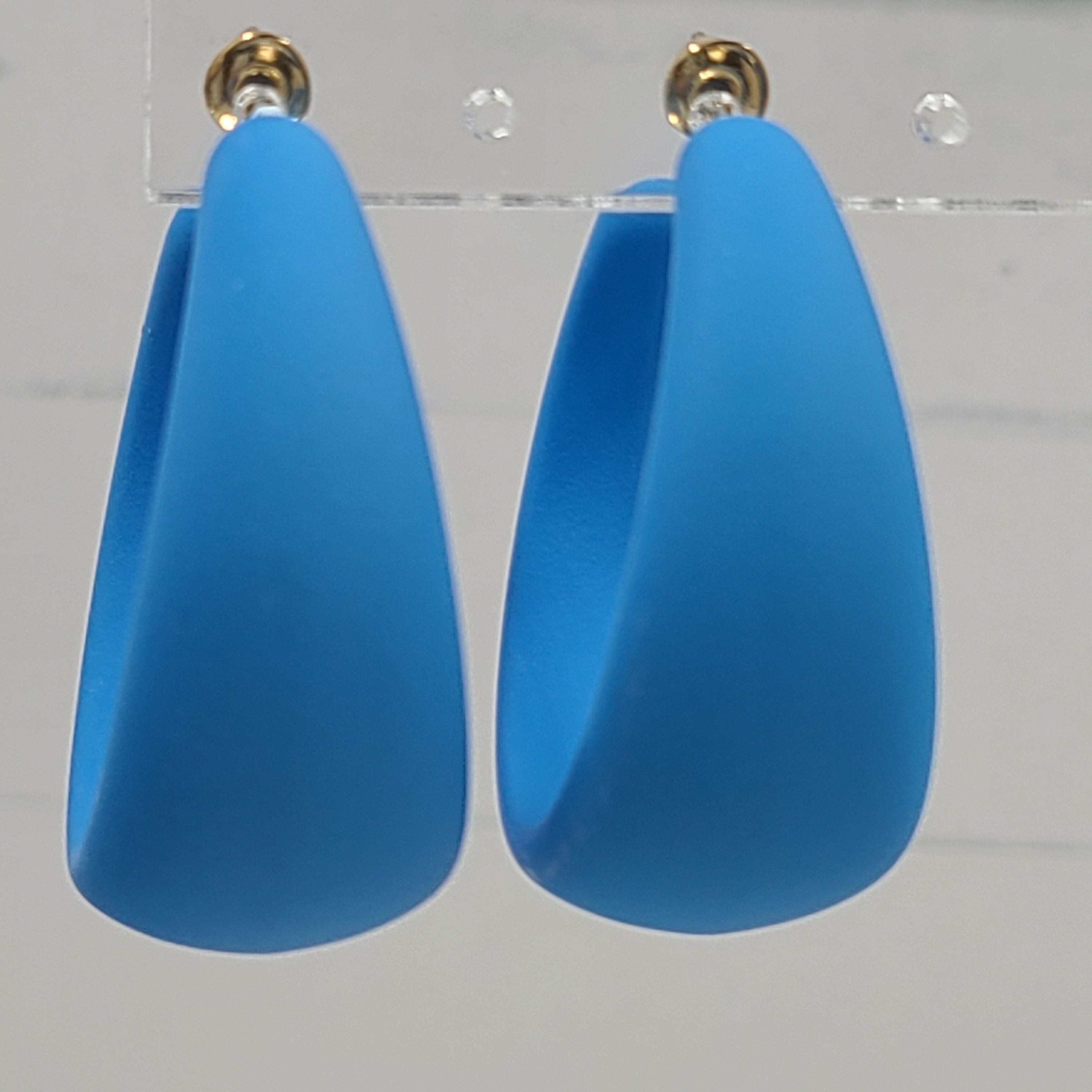 Blue 80's Retro Smooth Matte Texture 1.5" Semi Wide Fashion Hoop Earrings