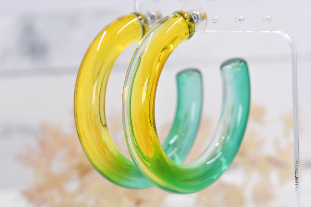 Translucent Gradient Yellow Green Retro Boho Statement Chunky Lucite Ombre Hoop Earrings Fun Earrings Costume Accessories Womens Hoops