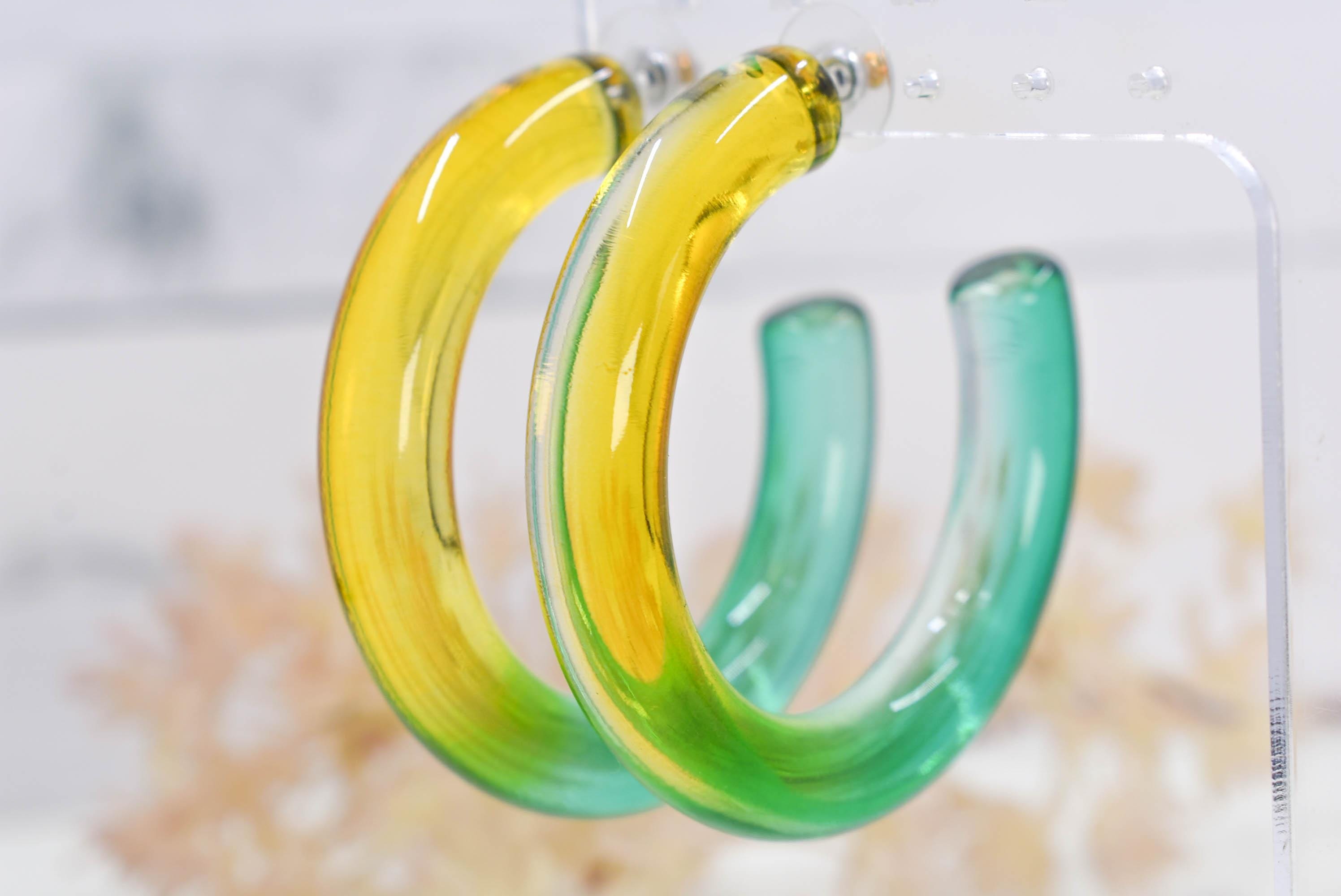 Translucent Gradient Yellow Green Retro Boho Statement Chunky Lucite Ombre Hoop Earrings Fun Earrings Costume Accessories Womens Hoops