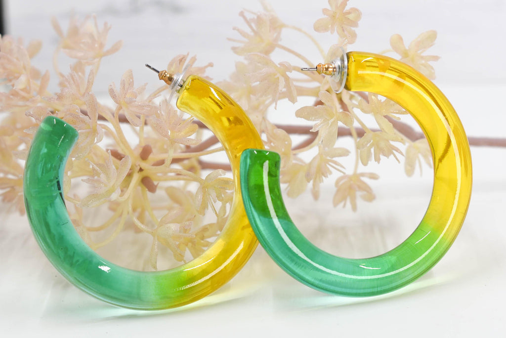Translucent Gradient Yellow Green Retro Boho Statement Chunky Lucite Ombre Hoop Earrings Fun Earrings Costume Accessories Womens Hoops