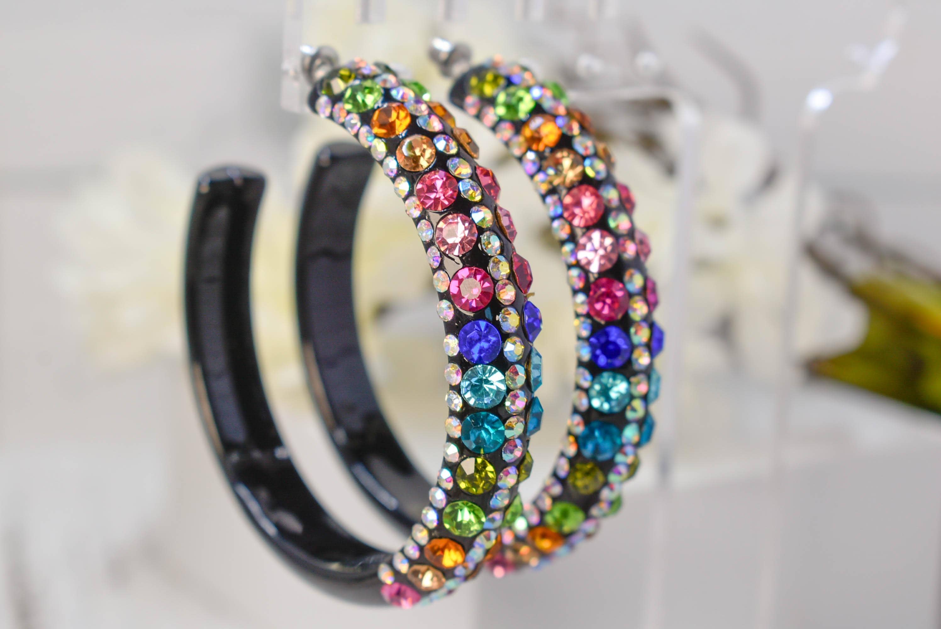 Black 5 Row Bling Statement Acrylic Lucite Multicolor Rhinestones 2.5" Women's Hoop Earrings Pageant Weddings Night Out Diva Pageant