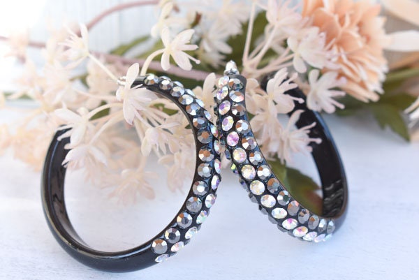 Black 3 Row Bling Statement Acrylic Lucite Hematite Gray/AB Rhinestones 2.5" Women's Hoop Earrings Pageant Weddings Night Out