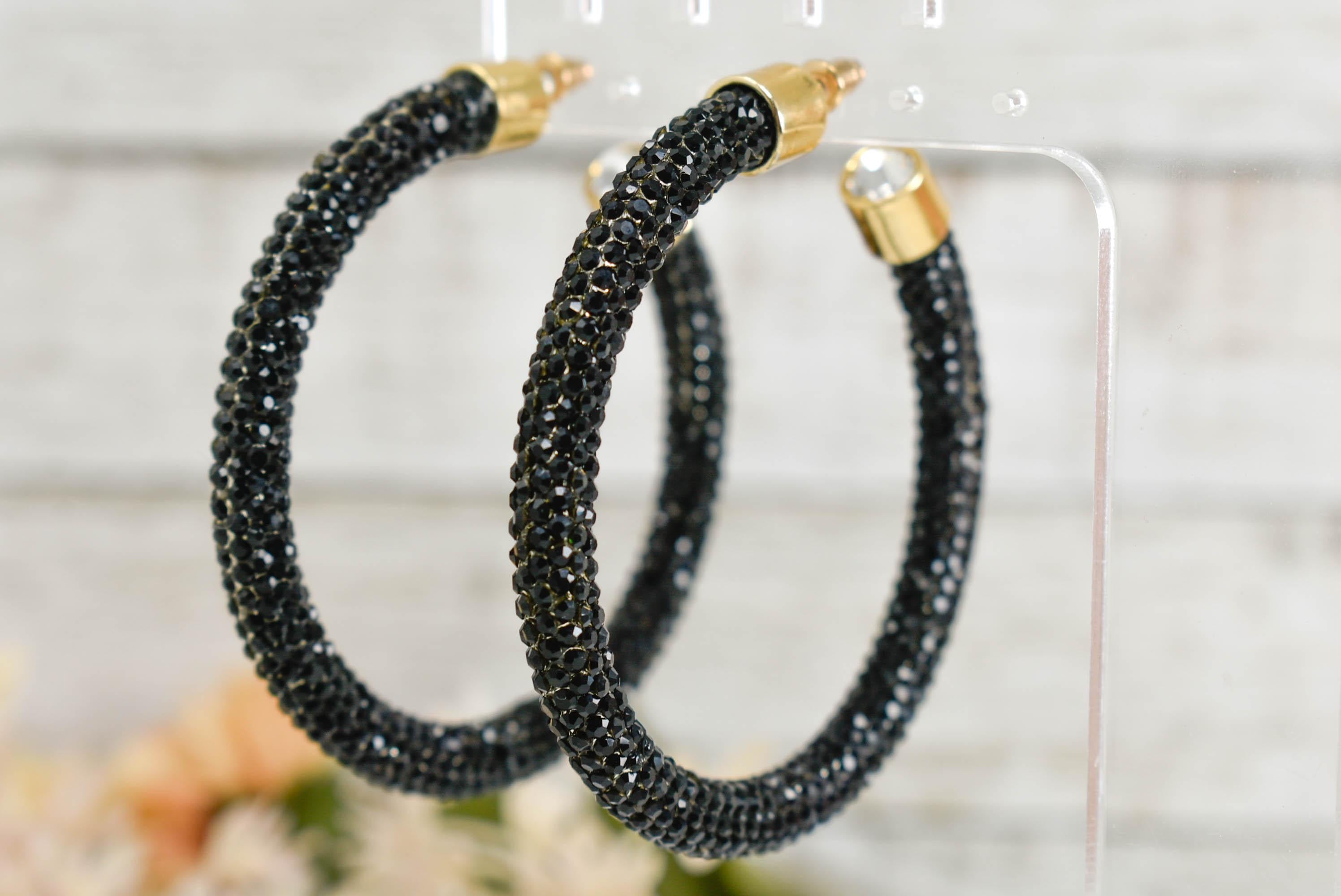 2.5" Ladies Bohemian Black Rhinestone Sparkle Wrap Pave Open Hoop Earrings Stone Accent Women Party Night Out