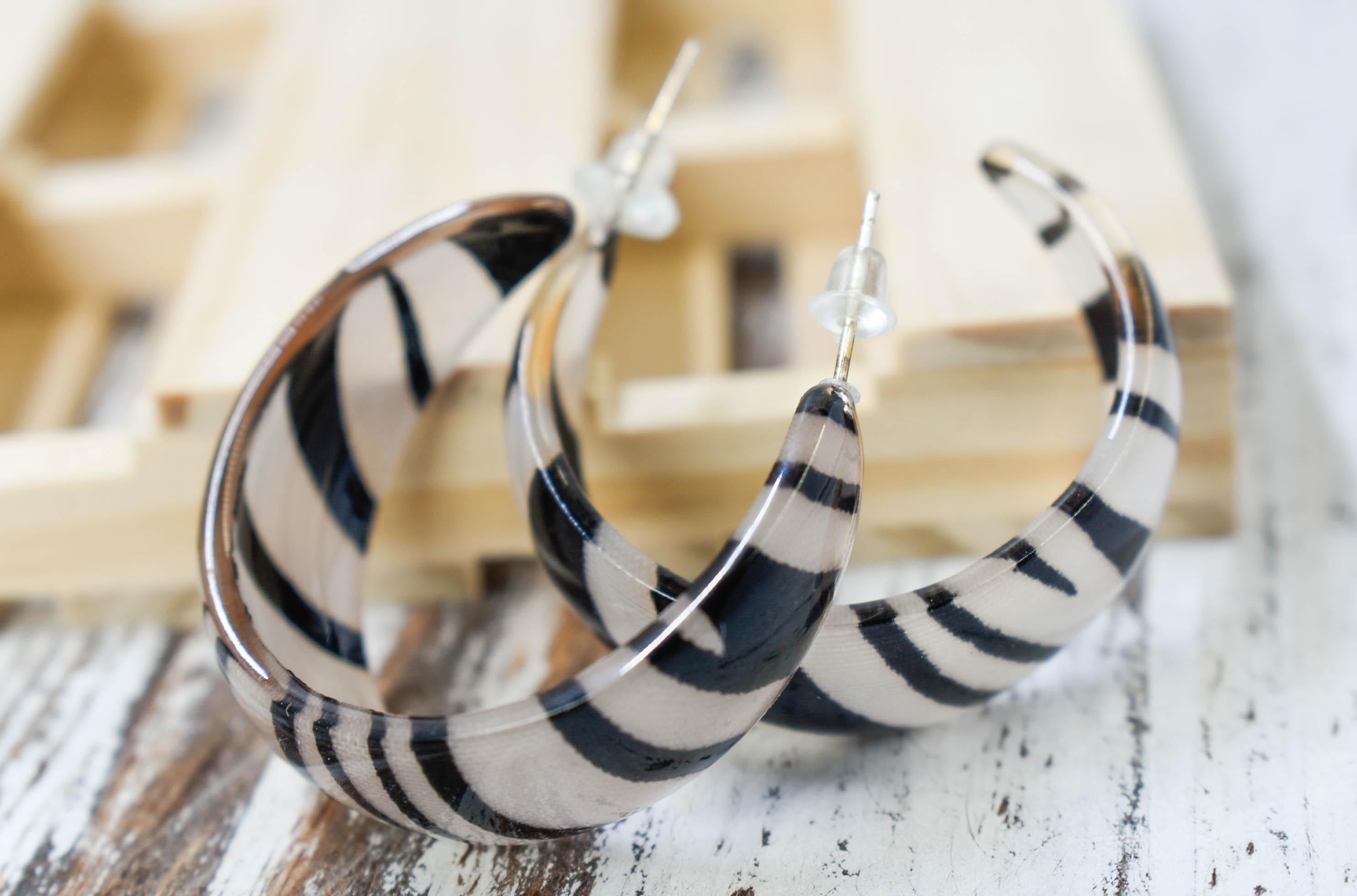 Statement Zebra Print Safari Jungle Translucent Boho Women's Semi Wide Hoop Earrings
