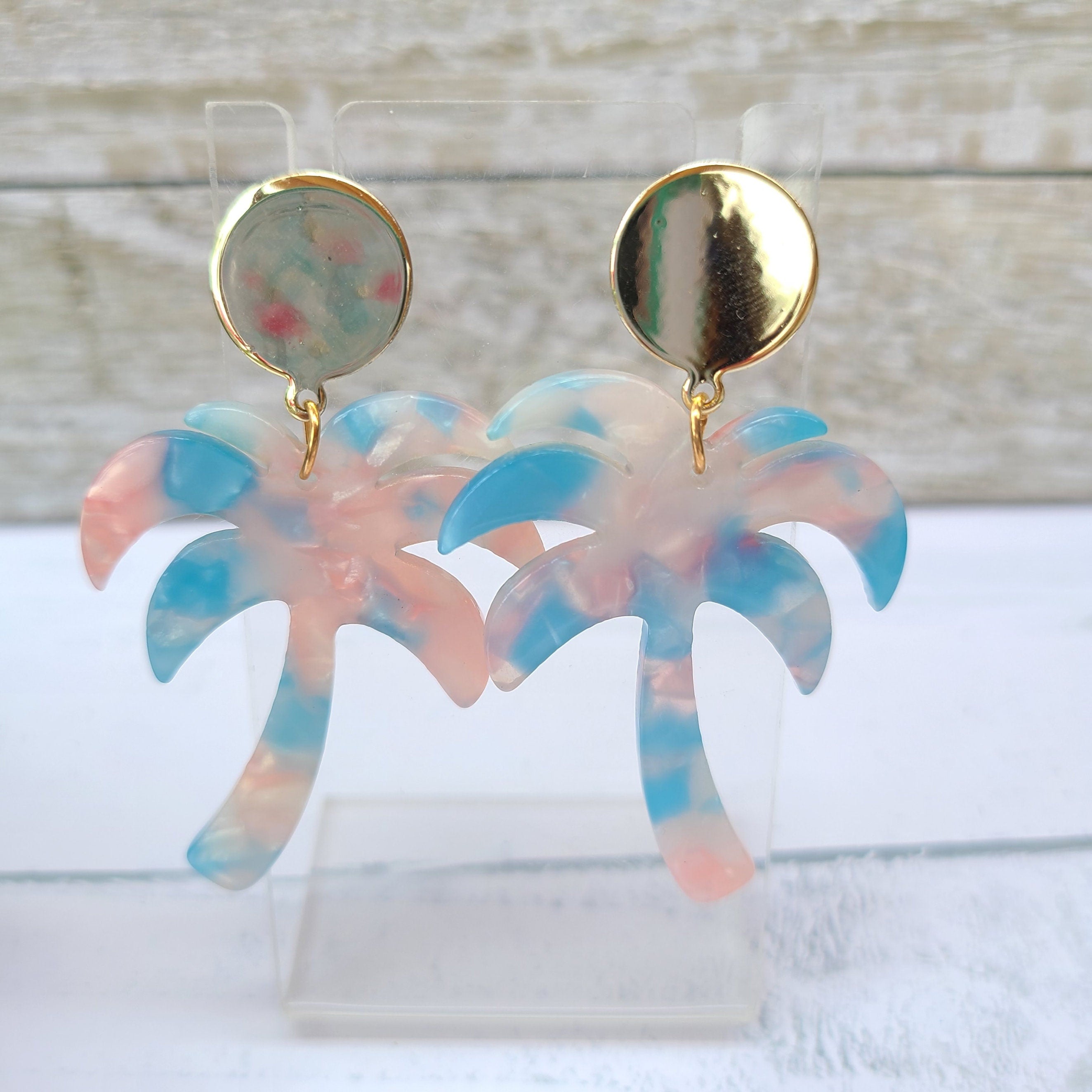 Blue/Pink Marbled Acetate Lucite Dangle Tropical Palm Tree Earrings