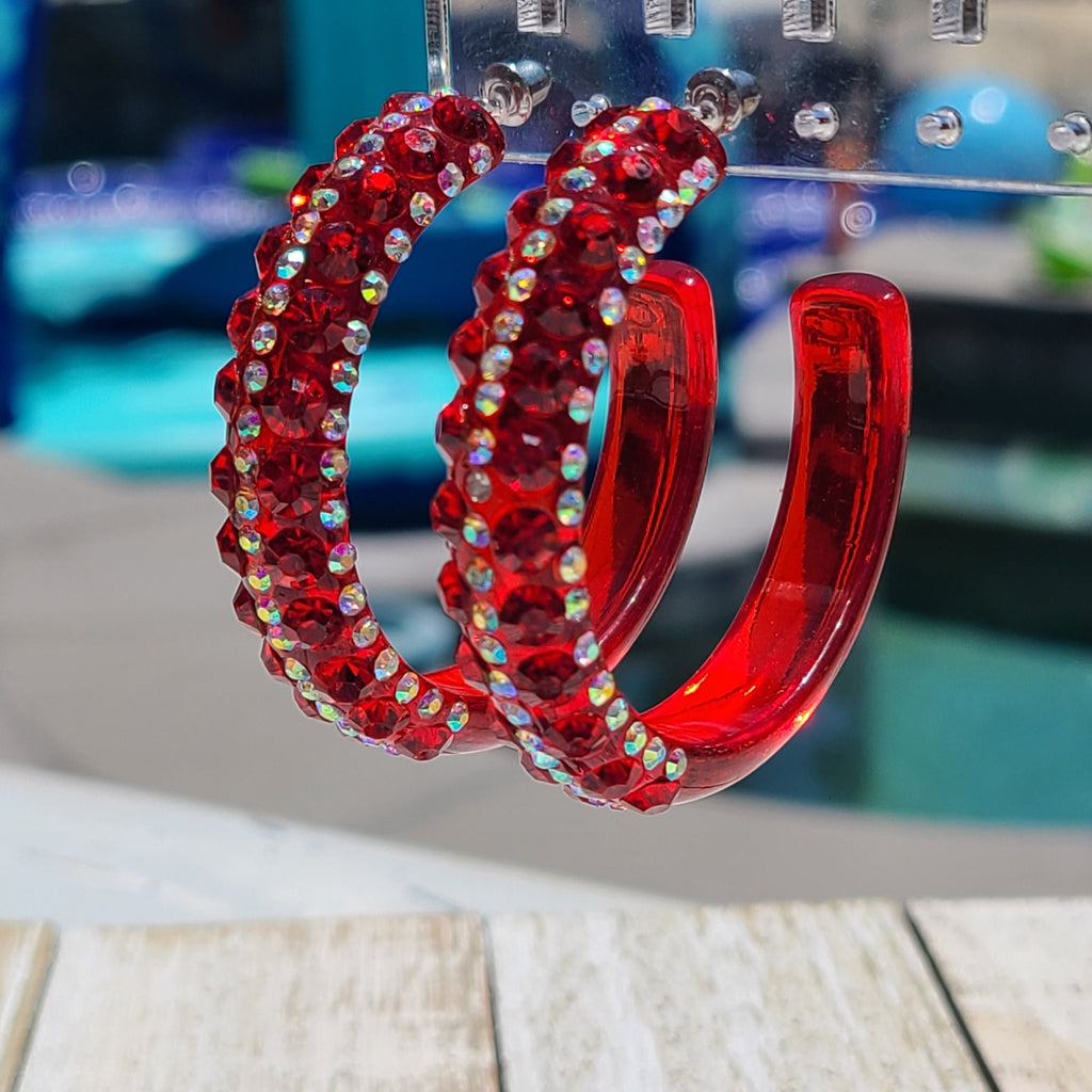 Translucent Red 5 Row Bling Statement Acrylic Lucite Red/AB Rhinestones 2" Women's Hoop Earrings Pageant Weddings Night Out