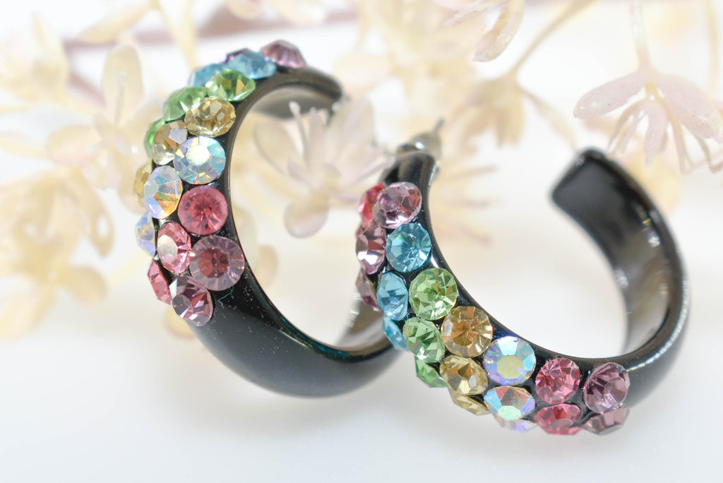Black Diagonal Pattern Bling Lucite Light Multicolor Rhinestones 1.25" Hoop Earrings Pageant Weddings Night Out