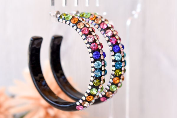 Black 5 Row Bling Statement Acrylic Lucite Multicolor Rhinestones 2.5" Women's Hoop Earrings Pageant Weddings Night Out Diva Pageant