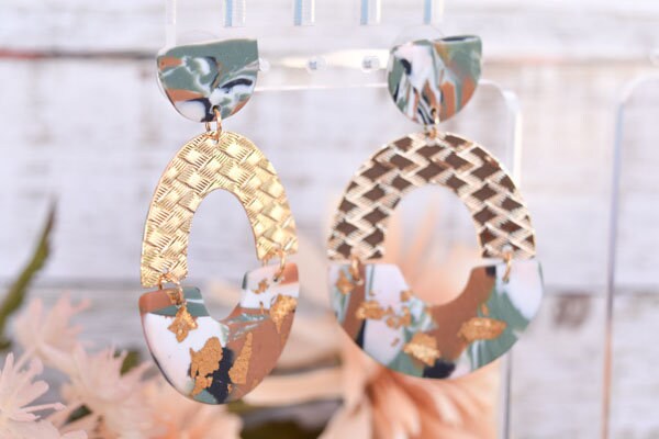 Boho Fashion Statement Handmade Camouflage Polymer Clay Gold Flakes "Alma Army" Dangle Drop Earrings Gifts Women