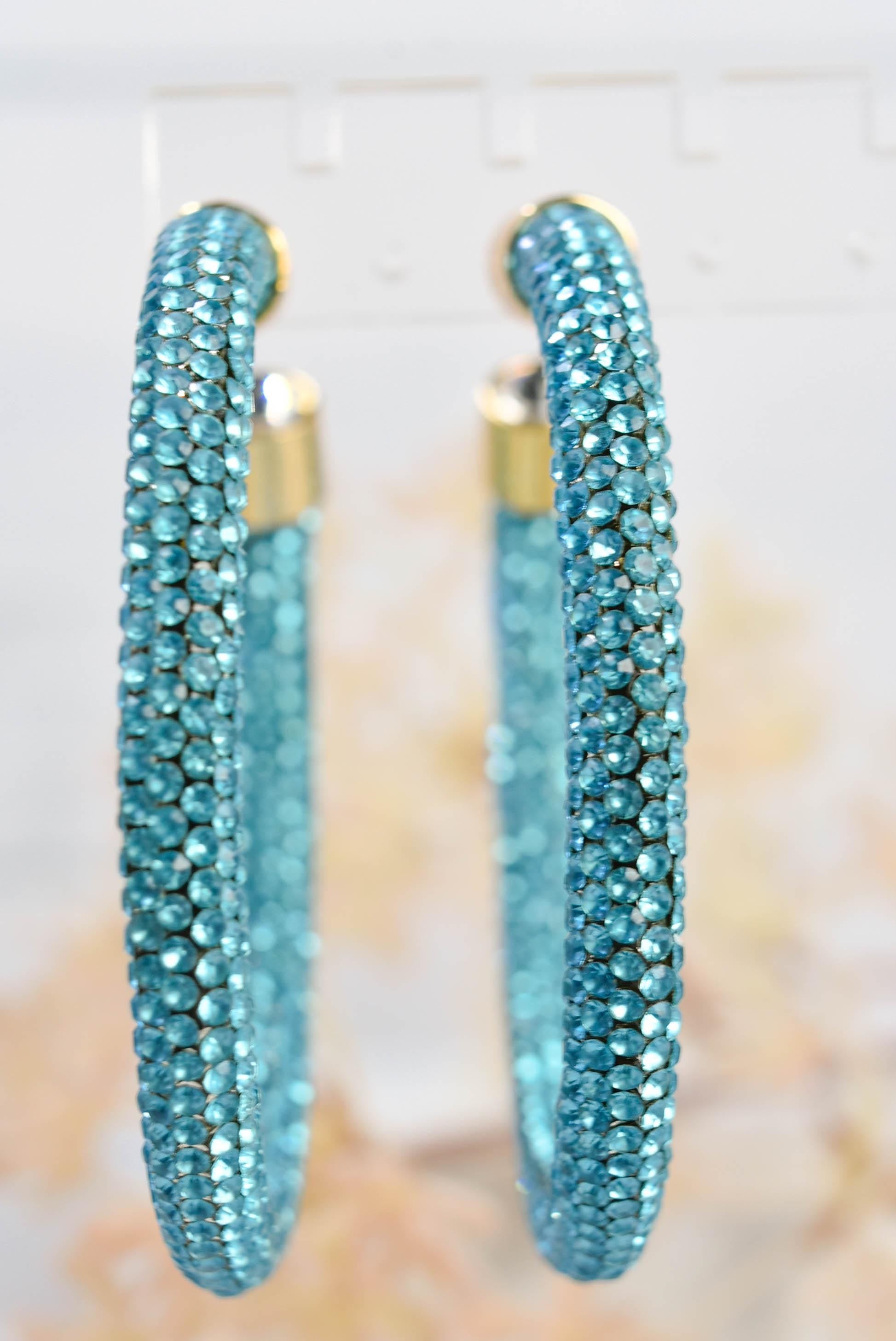 2.5" Ladies Bohemian Blue  Rhinestone Sparkle Wrap Pave Open Hoop Earrings Stone Accent Women Party Night Out