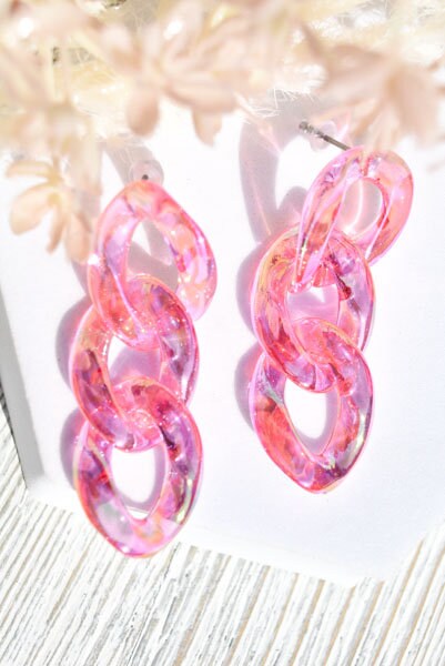 Statement Boho Translucent Pink Iridescent Coating Lucite Chain Link Drop Dangle Earrings Bachelorette Girls Night