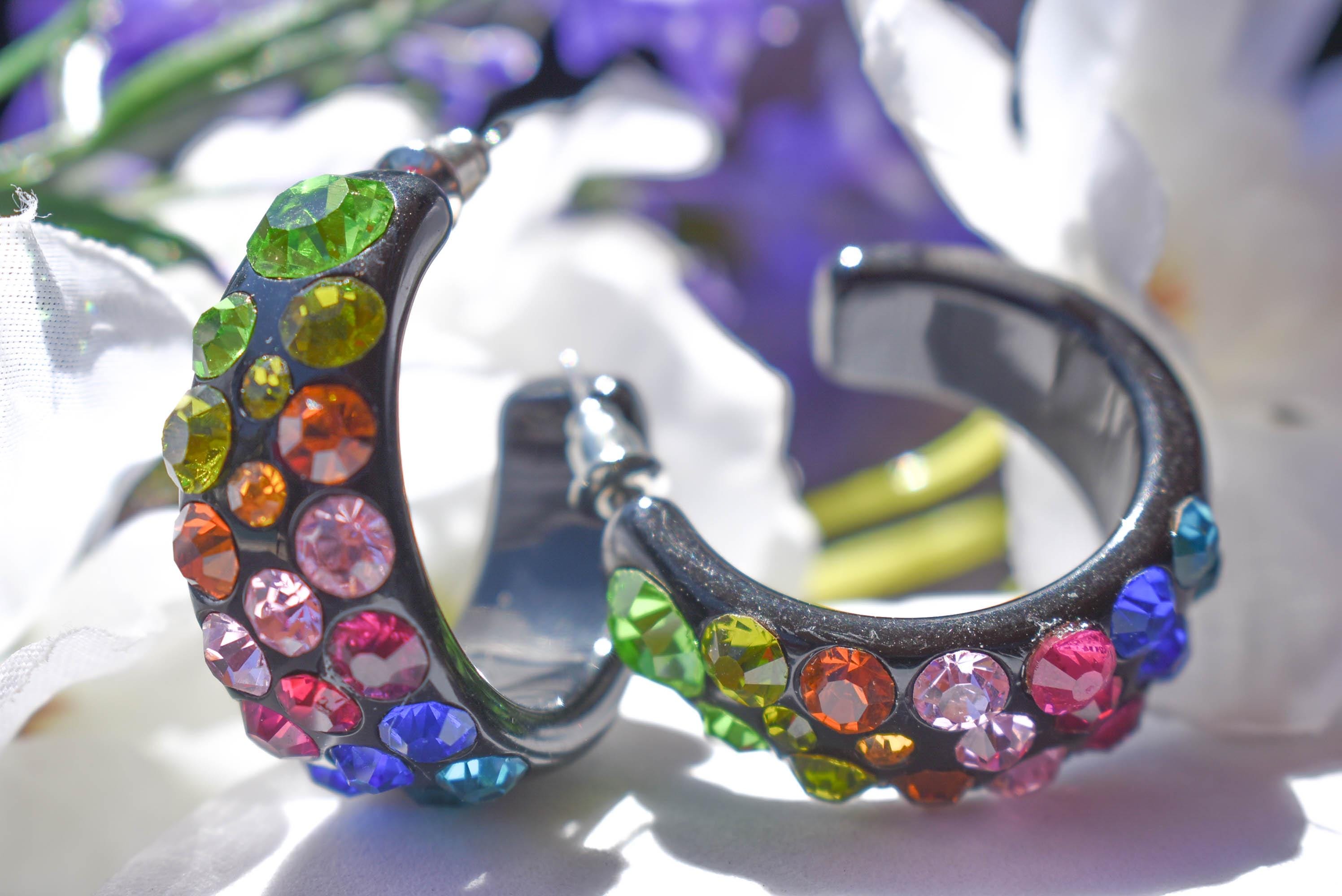 Black Bling Statement Semi Wide Multicolor Diagonal Rhinestones 1" Women's Hoop Earrings Pageant Weddings Night Out Diva Pageant