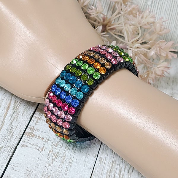 Black Stretch Segmented Bracelet with Multicolor Rhinestones Women's Fashion Statement Jewelry Pageant Night Out