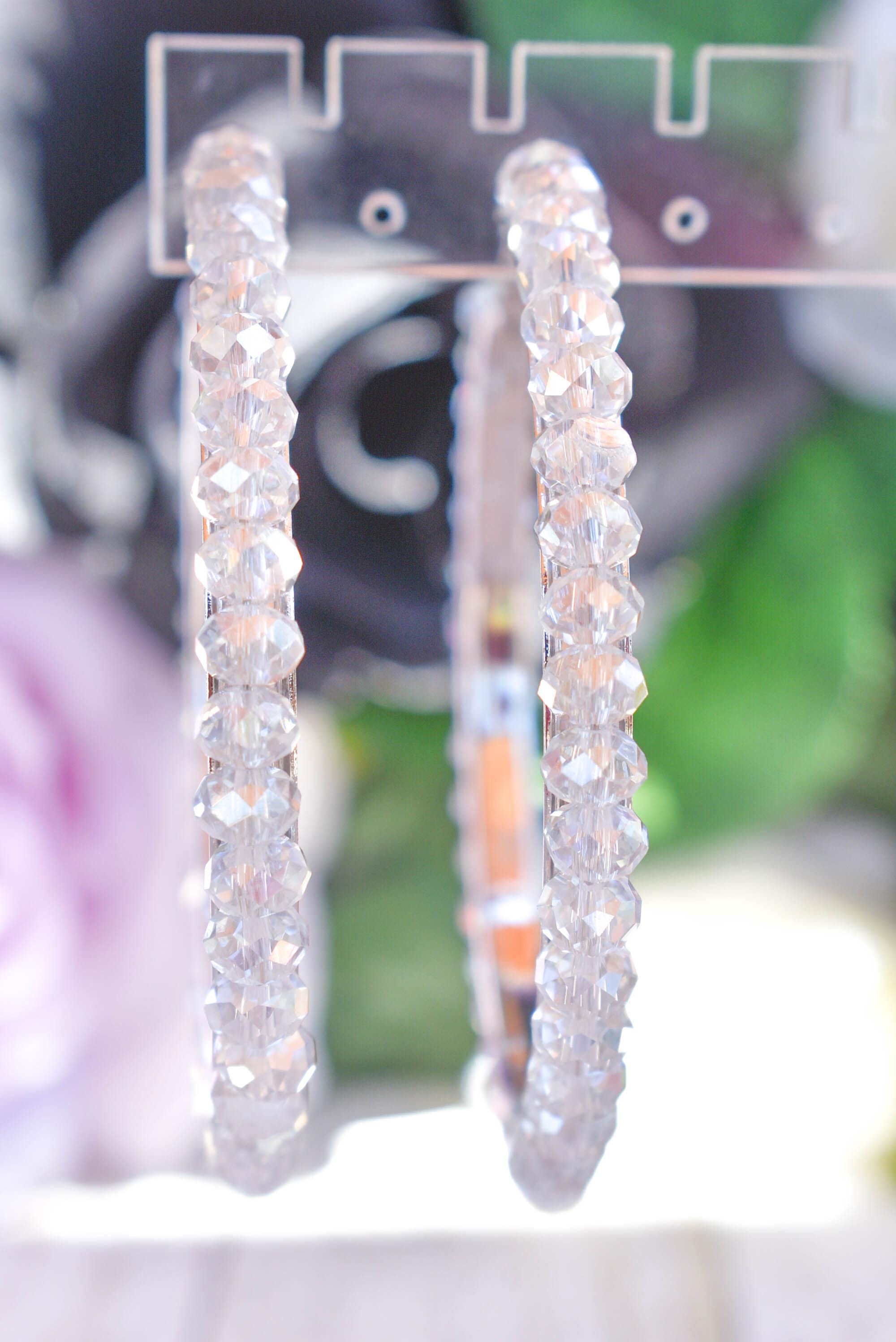 Statement Boho Clear Crystal Glass Beads 2.75" Silver Tone Hoop Earrings Stylish Jewelry Women's Fashion Diva Accessories Pageants