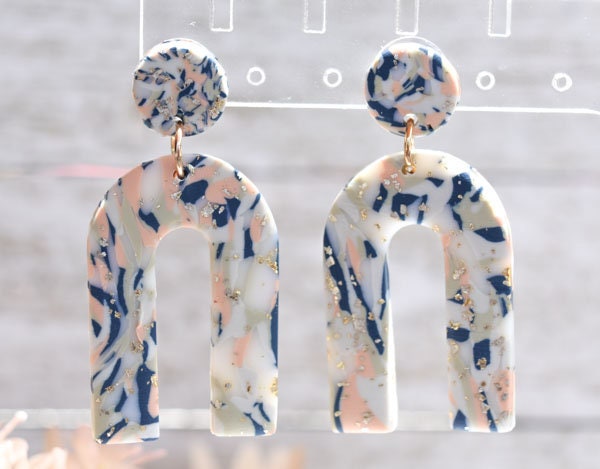 Boho Fashion Statement Handmade Polymer Clay "Brianne" Gold Flakes Dangle Earrings Gifts Women