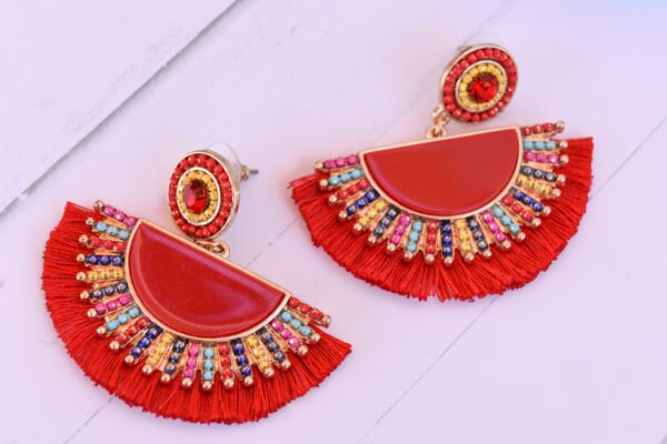 Statement Boho Red Fan Shape Beaded Tassel Dangle Earrings Women Gifts Vacation