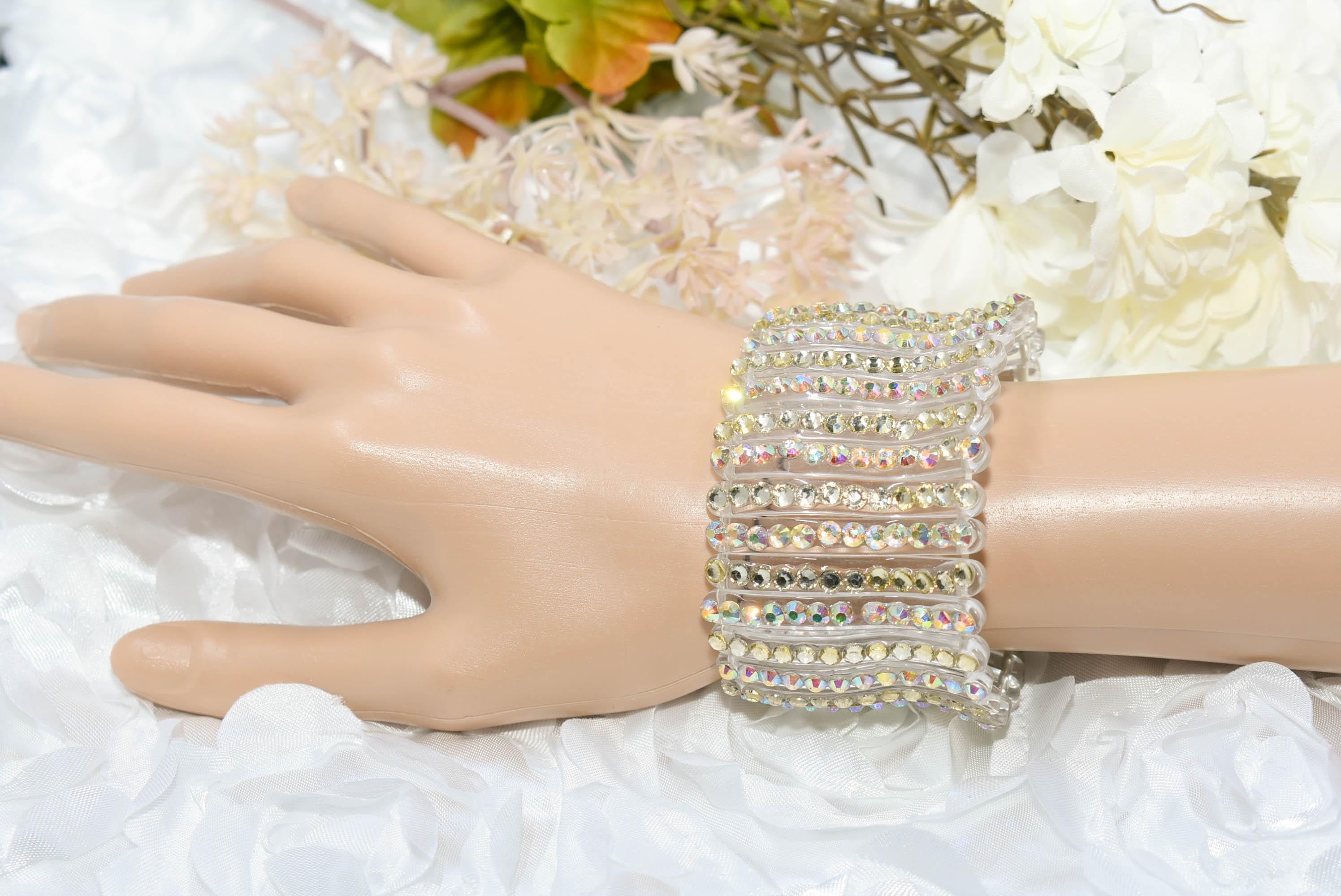 Clear Stretch Segmented Bracelet with AB and Clear Rhinestones Women's Fashion Statement Jewelry Pageant Night Out