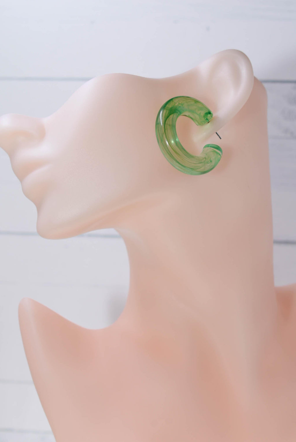 Translucent Green Marbled Color Boho Retro Lightweight Lucite 1.5" Semi Chunky Hoop Earrings