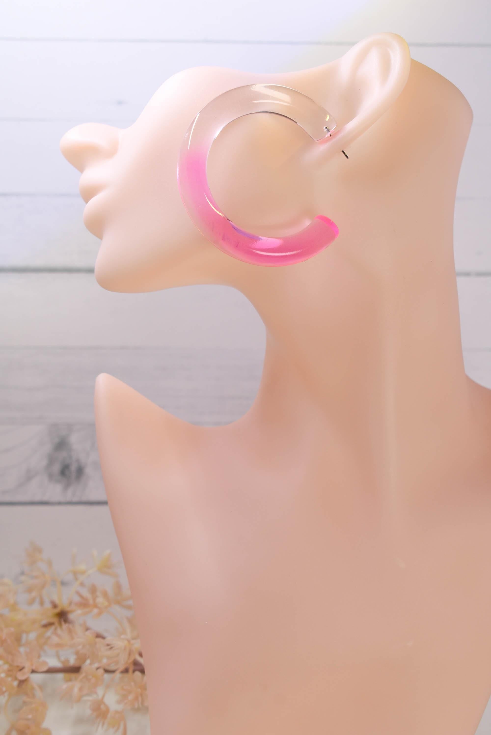 Translucent Gradient Clear Pink Retro Statement Chunky Lucite Ombre Hoop Earrings