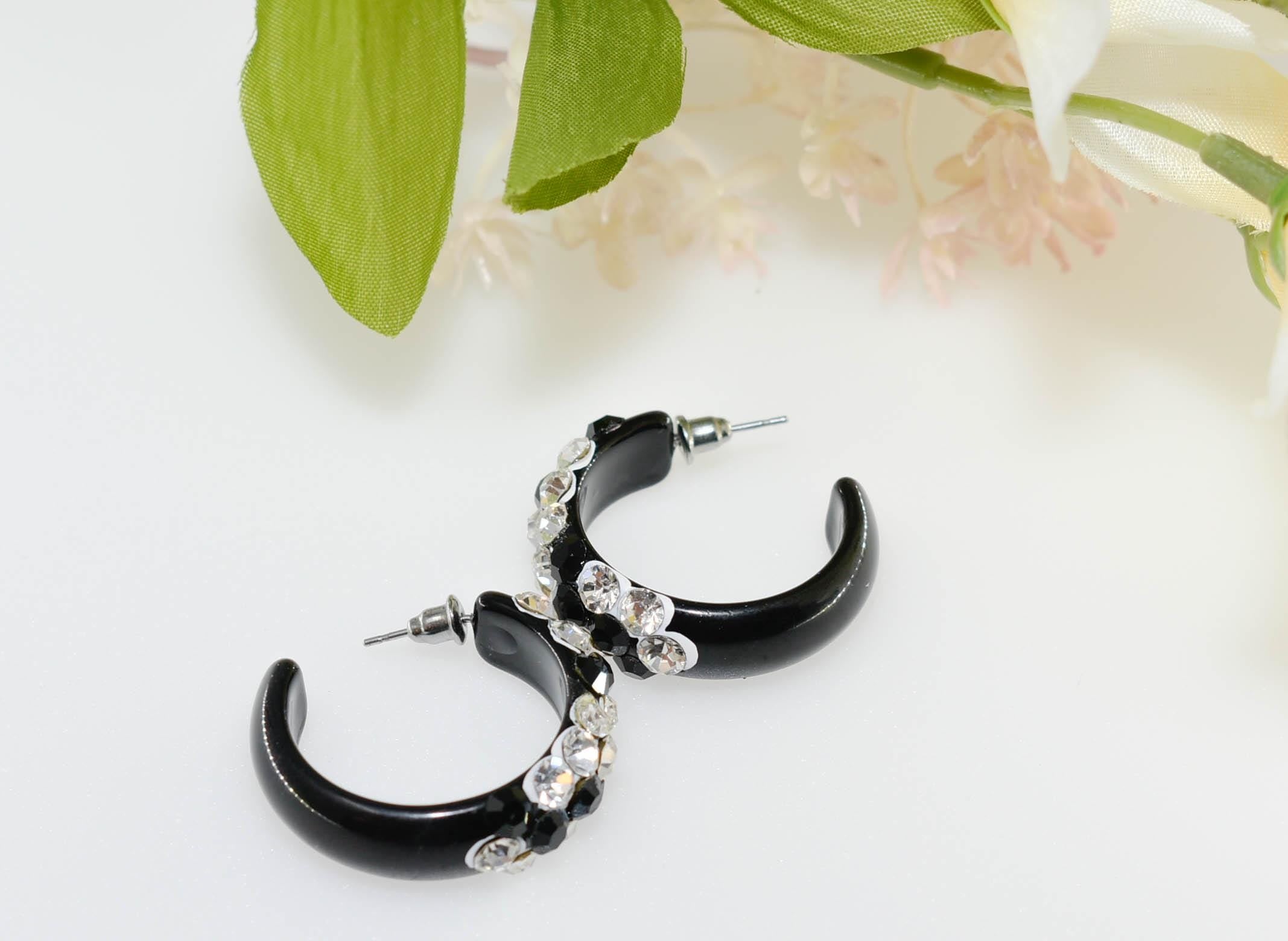 Black Bling Statement Acrylic Lucite Clear/Black Rhinestones 1.25" Women's Hoop Earrings with White Paint Accent Pageant Weddings Night Out