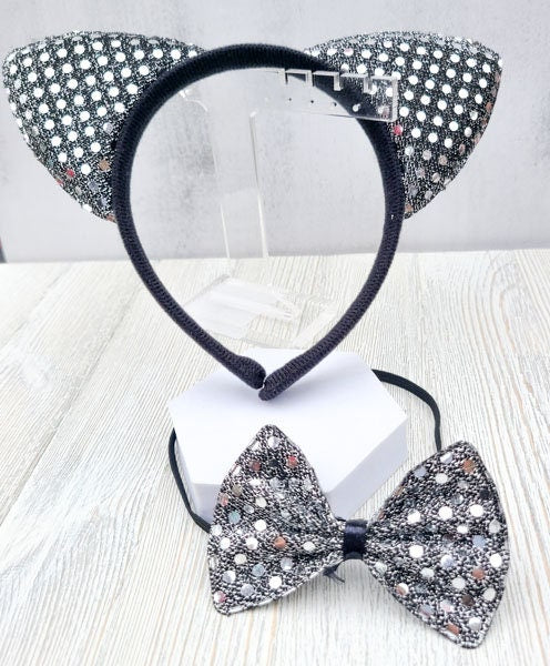 Halloween Costume Cosplay Sequin Style Silver/Black Cat Ears Headband and Matching Bow Tie Kids Adults Dress Up