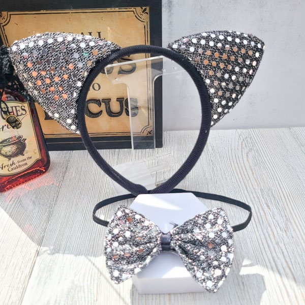 Halloween Costume Cosplay Sequin Style Silver/Black Cat Ears Headband and Matching Bow Tie Kids Adults Dress Up